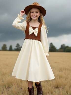 Meisjesjurk met contrasterende kraag, strikaccent en geplooide manchetten, casual elegante minimalistische stijl, geschikt voor woon-werkverkeer, vrije tijd, lente/herfst