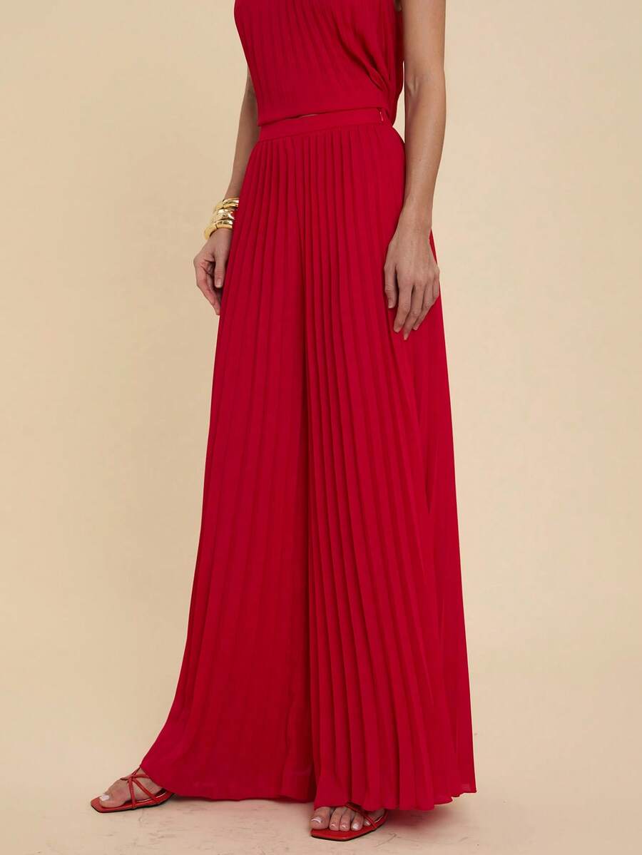 COSMINA 女士优雅阔腿褶裥长裤，通勤百搭，四季皆宜 - 紅色 - 查看 1