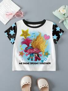SHEIN Trolls تي شيرت للفتيات الصغيرات بتصميم ألوان متباينة ورسم كرتوني بياقة دائرية وأكمام قصيرة - أبيض - مشاهدة 1