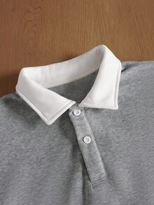 TOKVUE 男士宽松撞色 Polo 领长袖卫衣，秋冬款 - 淺灰色 - 查看 4