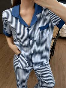 SHEIN Bubble Crinkle Patchwork Short Sleeve & Pants Women Pajama Set - 藍白色 - 查看 6