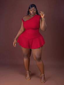 CurvyTilda Bộ đồ đôi Maweii Plus Size hở vai và quần culot bất đối xứng cho nữ ngày lễ tình nhân thường ngày hẹn hò tiệc hòa nhạc năm mới mùa xuân hè mùa tốt nghiệp trang phục mùa hè xanh cho nữ ngày lễ thánh Patrick - Đỏ - Xem 7