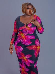 CurvyTilda Fall Clothes For Women,WinterPlus Size Elegant Floral Print Fitted Dress/Autumn /Winter - Black - View 5