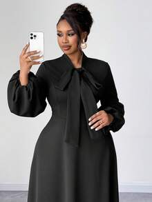 Maweii Women's Spring, Autumn & Winter Puff Sleeve Tie Bow Flare Hem Black Minimalist Elegant Sophisticated Fashion Niche Design Must-Have Daily Versatile Elegant Maxi Dress, Plus Size - Black - View 3