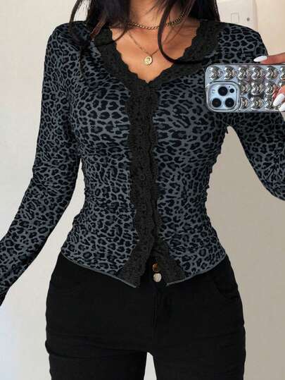 Celisse Leopard Print Contrast Lace Trim Fitted Long Sleeve T-Shirt, For Spring