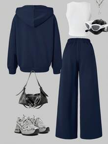 Sparklyn 3pcs/Set Teen GirlCasual Outfit, Including Hooded Zip-Up Sweatshirt With Horse Print, White Tank Top, And Elastic Waist Straight Leg Pants, Autumn - Royal Blue - View 2