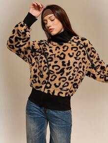 Hanevo Casual Leopard Print Zip-Up Turtleneck Sweatshirt, Autumn/Winter - Multicolor - View 7