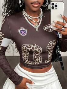 BamGleam 女士休闲长袖T恤，带号码球衣图案 - 棕色 - 查看 5