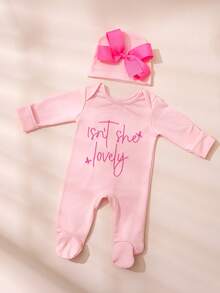 SHEIN 2 件套新生儿女孩摄影服装刺绣女婴连脚连体衣配蝴蝶结帽新生儿回家服装送礼到货公告 - 粉色 - 查看 5