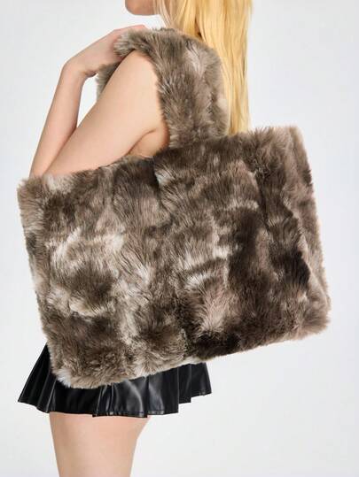 ROMWE Grunge Punk Bolso de hombro tipo tote suave y esponjoso de peluche para mujeres, nuevo y elegante de gran capacidad con diseño lindo y elegante de pelo