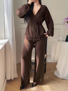 DAZY Women's Solid Color Loose V-Neck Belted Cardigan And Straight Leg Pants Elegant Two Pieces Knit Sweater Set, Autumn/Winter - Coffee Brown - View 1