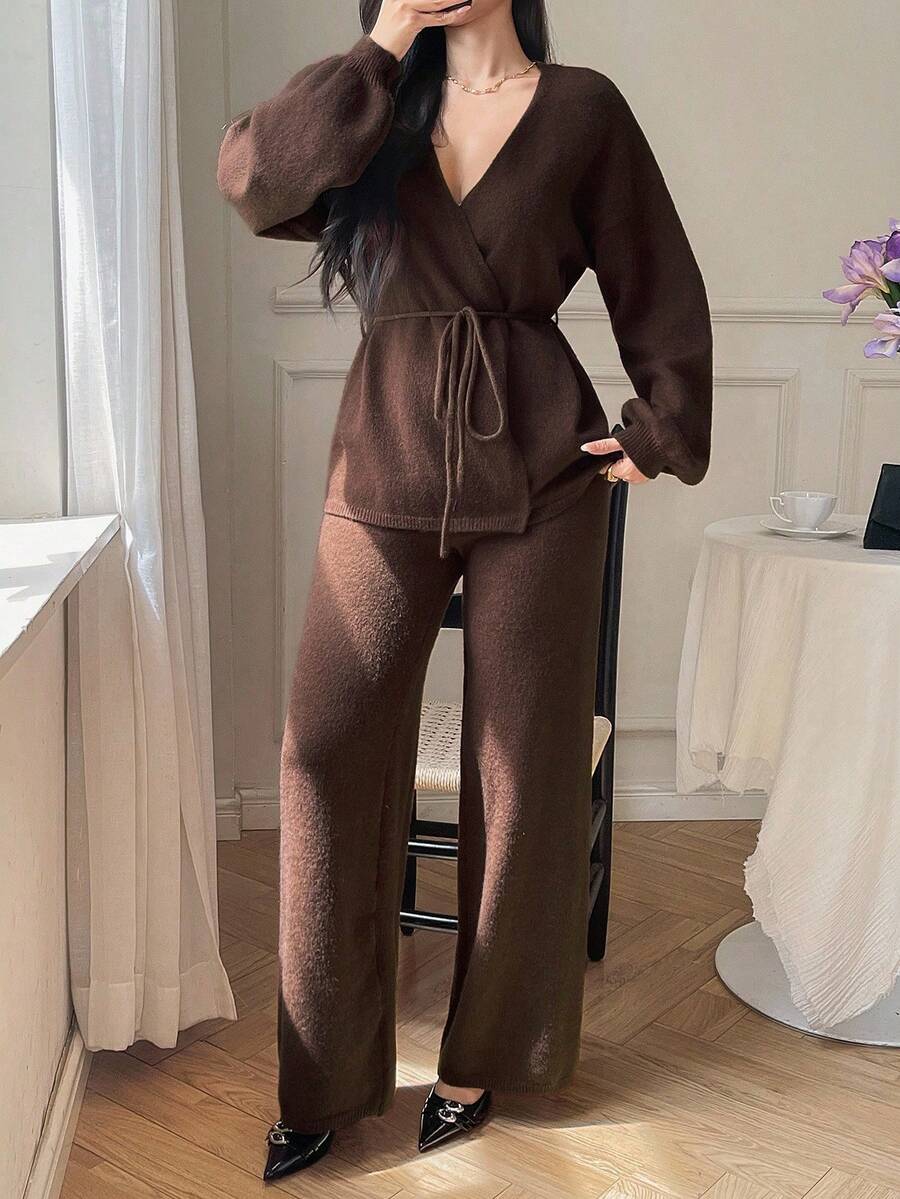 DAZY Women's Solid Color Loose V-Neck Belted Cardigan And Straight Leg Pants Elegant Two Pieces Knit Sweater Set, Autumn/Winter - Coffee Brown - View 1