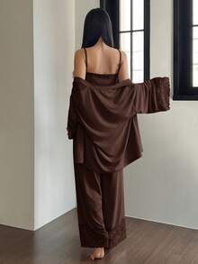 DAZY 3pcs Lace Patchwork Robe, Camisole & Pants Women Sleepwear Set - Brown - View 2