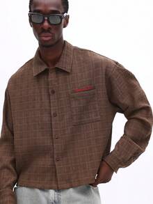 SUMWON Mens Long Sleeve Button Down Shirt Boxy Fit Textured Brown Grid Pattern Casual Collared Top Fall Winter Wardrobe Essential - Coffee Brown - View 5