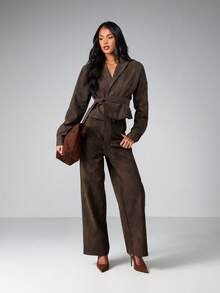 MISSGUIDED Women Suede Belted Blazer Jacket With Shoulder Pads Wrap Style Long Sleeve Fall Winter Outerwear - Brown - View 5