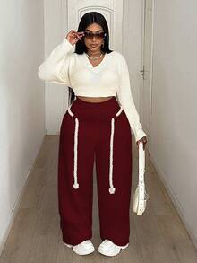 Maweii Quần nỉ cạp rút màu trơn cỡ lớn thường ngày - Đỏ - Xem 2