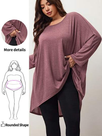 Enliva Plus Size Loose Bat Wing Hem Asymmetrical Hem High Low T-Shirt, Crew Neck, Solid Color, Stretchy, Soft, Comfortable, Versatile, Fashionable, Everyday Wear Fall T-Shirt For Women, Winter, Friendly To Round Body Curves, Compatible With Apple Rounded Body Shape/2026 /New Year