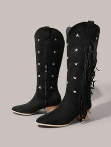 Styleloop Women's Pointed Toe Five-Pointed Star Embroidery Side Zipper Fringe Western Style Casual Chunky Heel Knee-High Boots For Christmas - Black - View 3