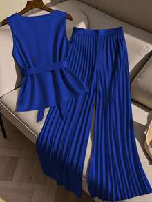 GlowEve CURVE Bộ 2 áo không tay cỡ lớn và quần ống rộng xếp ly thoải mái cho nữ - Xanh đậm - Xem 2