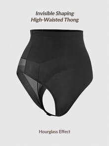 SHAPORA Shaping High-Waisted Mesh Thong, Body Shaper Butt Lifter-Tummy Waist Control Panty - Black - View 3