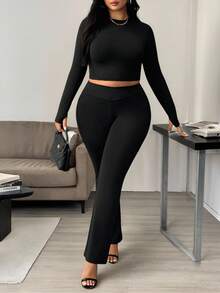 Hourglow Plus Size Women's Solid Color Round Neck Long Sleeve T-Shirt And Flare Pants Fashion 2 Pieces Set/Autumn /Winter - Black - View 9