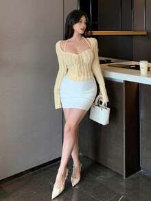 DAZY Women's Textured Striped Tie-Front Long Sleeve T-Shirt With Flared Cuffs, Dark Base, Autumn/Winter Y2k - Light Yellow - View 6