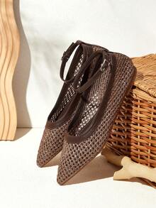 Styleloop Women Casual Versatile Commuting Minimalist Woven Buckle Flats Holiday Travel Essential Boho - Coffee Brown - View 1