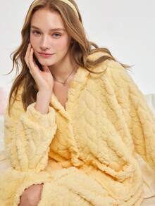 Bonmuse 1pc Solid Color Wool Jacquard Casual Robe, Autumn/Winter Warm Thermal Lined Long Sleeve Flannel Hooded Loose Fluffy Bathrobe With Pockets, Women Sleepwear Loungewear, Fall, Cozyfor Summer - Mustard Yellow - View 8