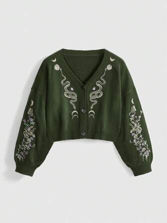 Große Größen Gothic Dunkel Floral Schlangen Stickerei Locker Strickjacke