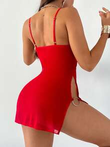 SHEIN Camisón de verano de mujer con abertura alta en el bajo, decorado con anillo, de unicolor y diseño minimalista y sexy - Rojo - Ver 2