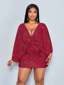 SOLERSUN Women's Plus Size Burgundy Autumn Girlism Night Out Club Elegant Christmas Party Vacation & V Neck Ruched Knitted Long Sleeve Bodycon Dress - Red - View 5