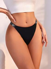 Yoga Women Sexy Fashionable Rhinestone Decor T-Back G-Strings, Rave - Black - View 2