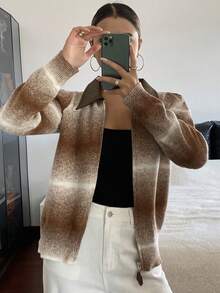 DAZY Women's Casual Colorblock PU Leather Splicing Lapel Ombre Cardigan, Autumn/Winter - Coffee Brown - View 4