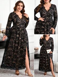 Reflora Curvy Plus-Size Women's V-Neck Lace Long-Sleeved Slit Dress,Beige,Autumn,Elegant,Wedding Guest Luxury Evening Graduation Party Christmas Black Dress - Black - View 3