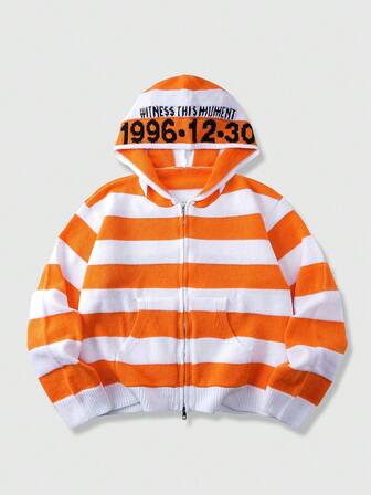 Cardigan con cappuccio casual da uomo con chiusura lampo, maniche lunghe, a righe e con stampa a lettere jacquard