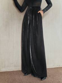 Anewsta Autumn/Winter Stylish Loose Fit Velvet Wide Leg Pants For Women, Elegant Business, Chic - Black - View 7