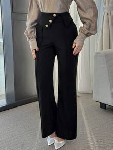 Modelyn 女士优雅高腰喇叭裤，女士黑色长裤，优雅女士裤装，黑色长裤，女士黑色长裤，高腰裤，黑色长裤，黑色正装裤 - 黑色 - 查看 4