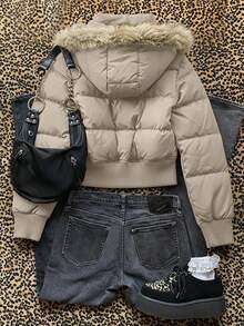 Noixe 时尚百搭毛领连帽外套，冬季女式羽绒服，女式夹克，毛领连帽外套，可拆卸毛领 - 卡其色 - 查看 2