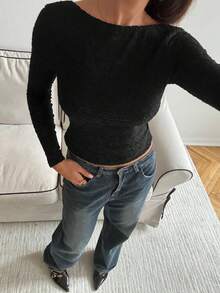 Aloruh Áo thun dài tay hở lưng dệt kim họa tiết màu trơn gợi cảm dành cho nữ, mùa thu - màu đen - Xem 2