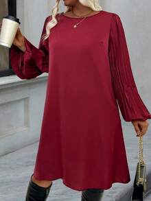 EMERY ROSE Gaun Lengan Panjang Berlipit Warna Polos untuk Kasual/Perjalanan Musim Gugur Ukuran Plus - Burgundy - View 5