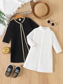 SHEIN Infant/Toddler Boys' Middle Eastern Traditional Long Sleeve Top With Lace Design, Casual & Comfortable, Button-Up Shirt Style Suitable For Everyday Wear, Spring/Autumn - Black - View 3