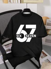 青少年男童休闲时尚趣味“67”图案印花短袖圆领T恤，适合外出穿着；黑色短袖上衣，“Six Seven”上衣，适合夏季及所有季节穿着。 - 黑色 - 查看 3