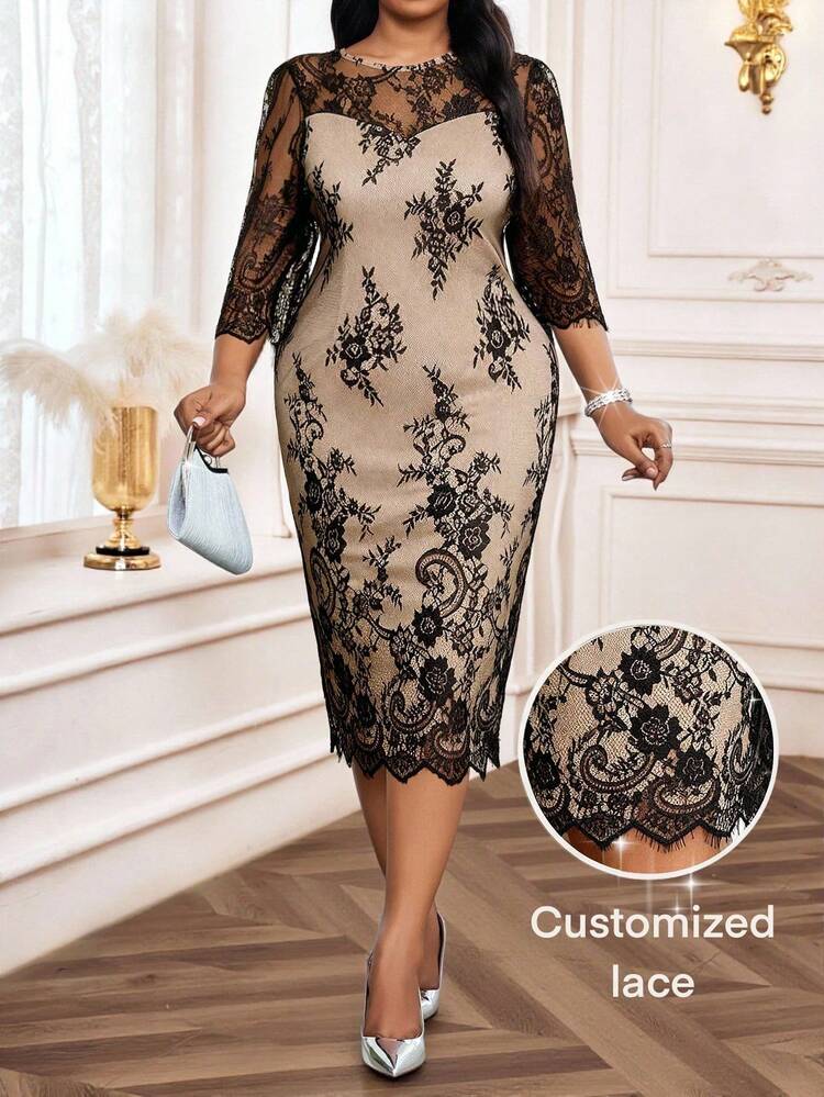 plus size dress for graduation guest Fleurora Elegant Lace Party Wedding Women Dresses Outfit Mother Vacation Outfits Black Bodycon Long Sleeve Curve Luxury special-characteristics_sequins