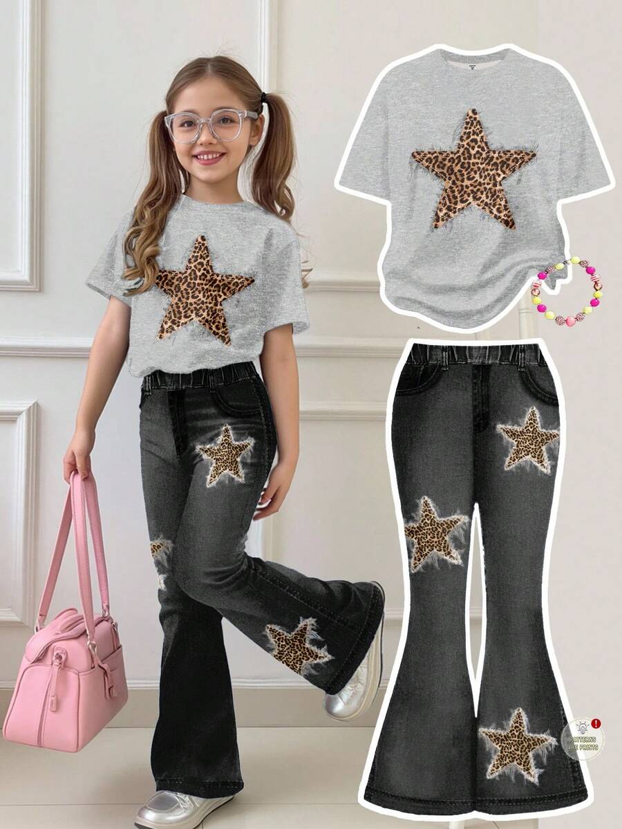 SHEIN Leap Crew Bộ 2 áo thun tay ngắn cổ tròn họa tiết da báo và ngôi sao dáng rộng cho bé gái tuổi teen và quần ống loe, phù hợp cho mùa thu - trắng - Xem 1