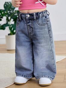 SHEIN 女婴蓝色宽松直筒牛仔裤 - 深色水洗藍 - 查看 3