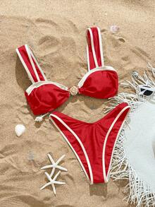 Swim SXY 2pcs/Set Solid Color High Cut Bikini Set, Fashion Hot Selling Summer Beach Vacation Swimsuit - Red - View 3