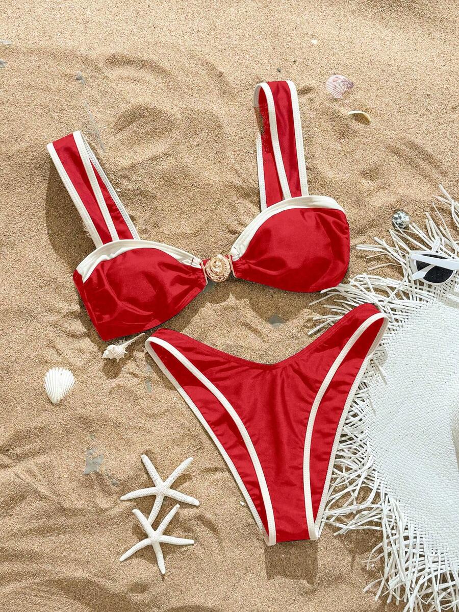Swim SXY 2件套纯色高衩比基尼套装,时尚热销夏季沙滩度假泳装 - 紅色 - 查看 1