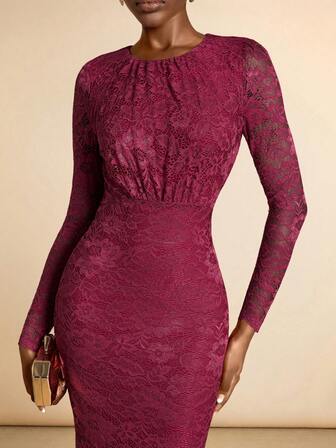 SHEIN Veneréa Lace Long Sleeve Women's Round Neck Fitted Dress