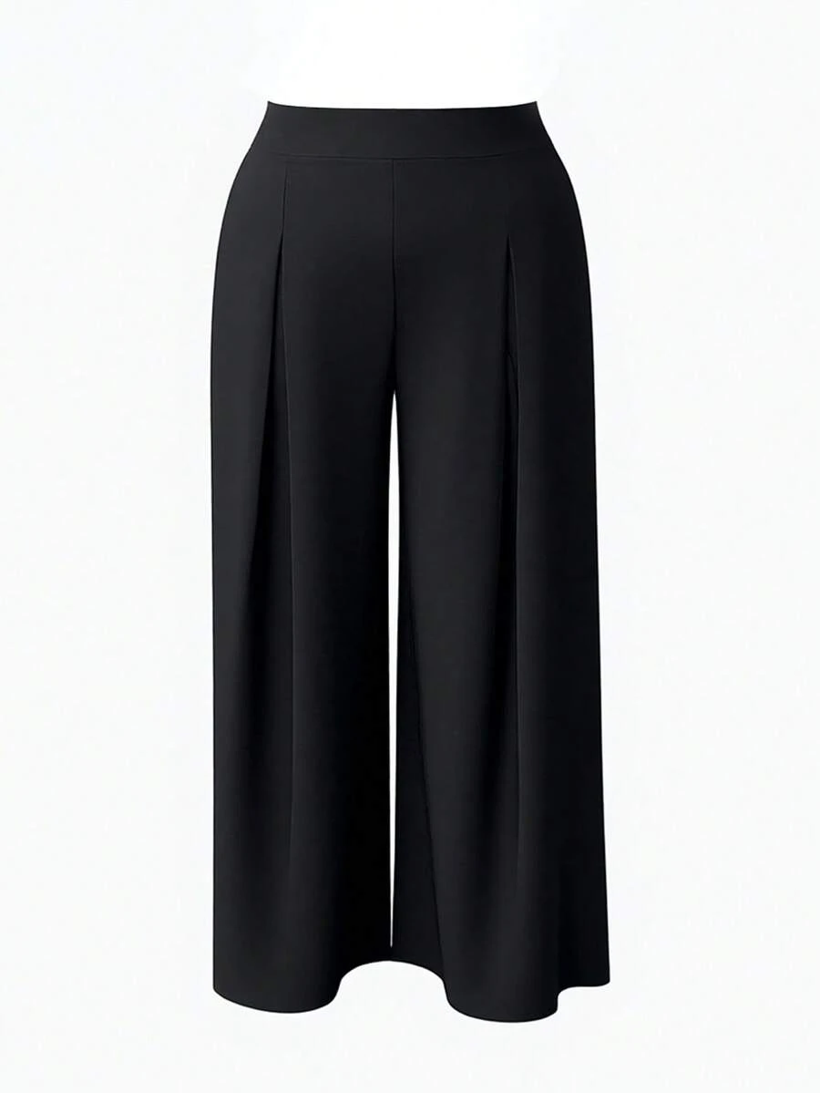SHEIN Women Plus Size Solid Color Casual Pleated Wide Leg Pants - Black - View 1