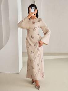 Veilorie Women's Floral Print Round Neck Elegant Long Sleeve Arabic Dress Luxury Dress For Women - Khaki - View 7
